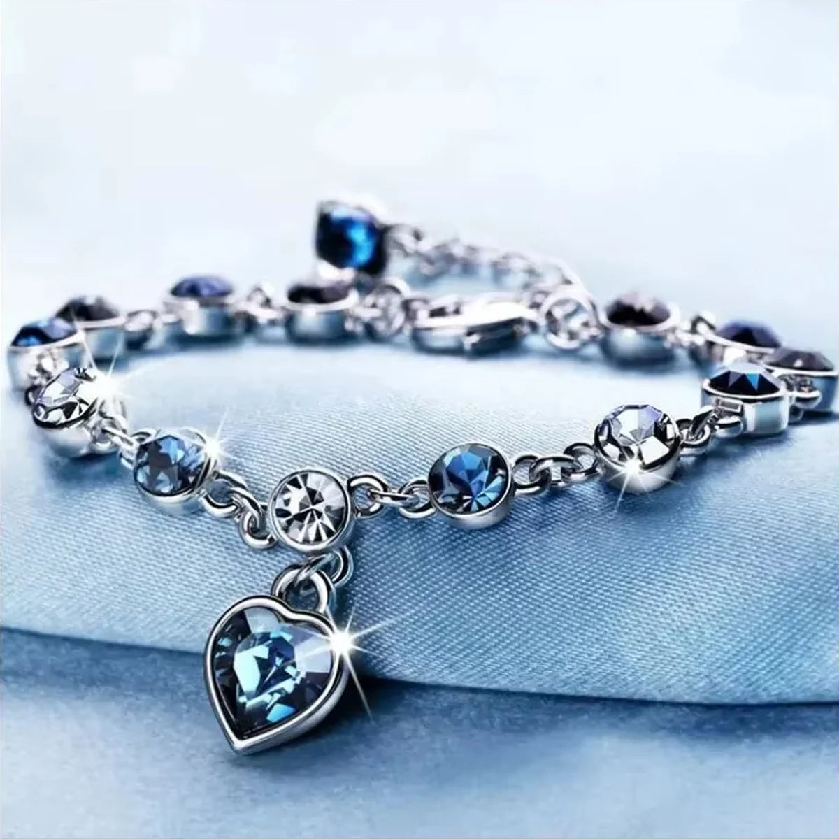 Bridal Bracelet: Silver Heart Charm with Royal Blue Crystal