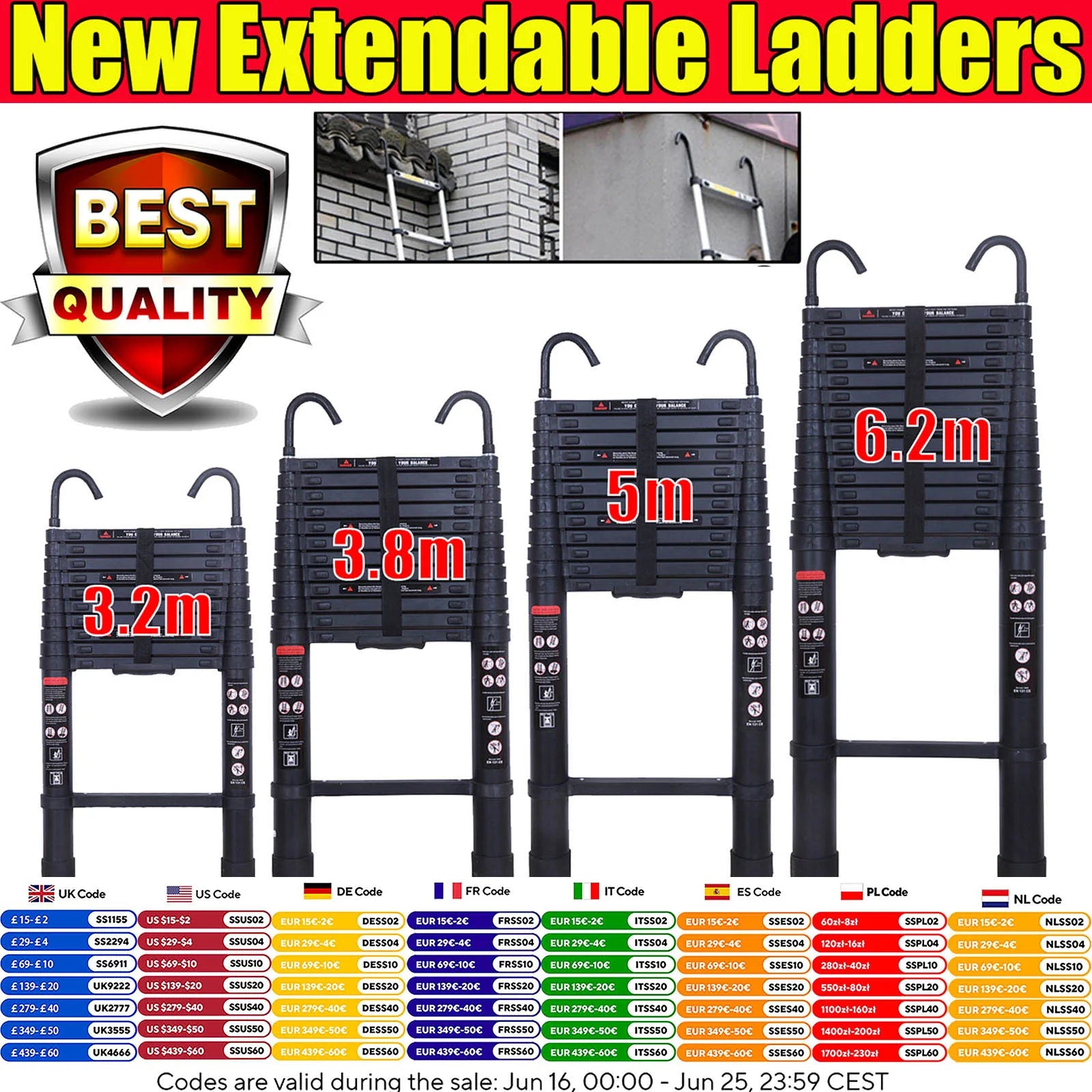 Pro-Series Stealth Telescopic Ladder | Detachable Safety Hooks & Non-Slip Grip