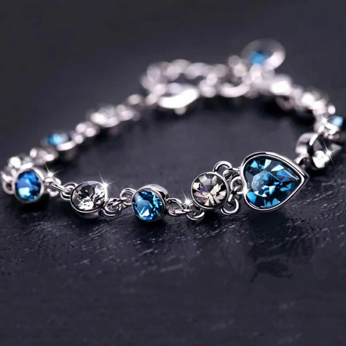 Bridal Bracelet: Silver Heart Charm with Royal Blue Crystal