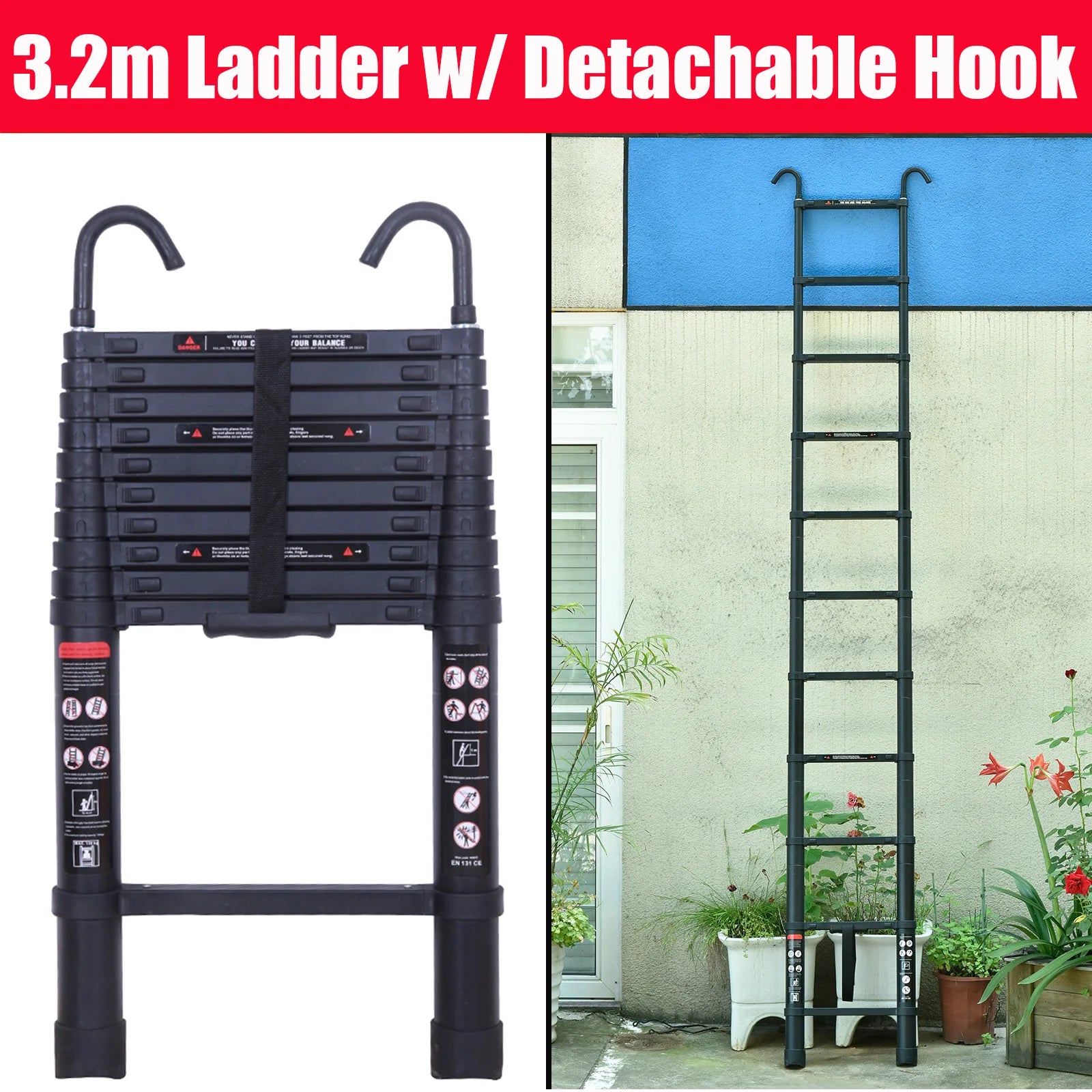 Pro-Series Stealth Telescopic Ladder | Detachable Safety Hooks & Non-Slip Grip