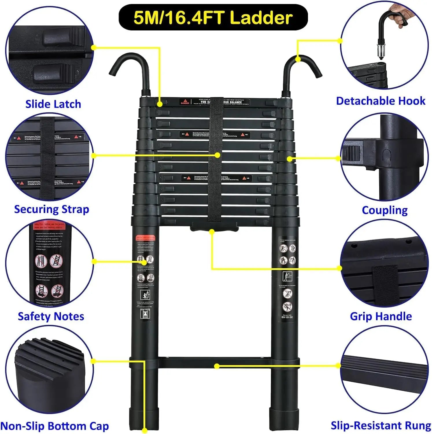 Pro-Series Stealth Telescopic Ladder | Detachable Safety Hooks & Non-Slip Grip