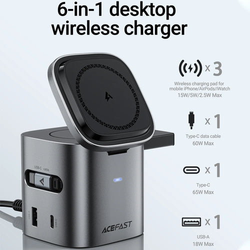 ACEFAST 6-in-1 Desktop Power Hub: 15W Magnetic Wireless + PD65W Fast Charge