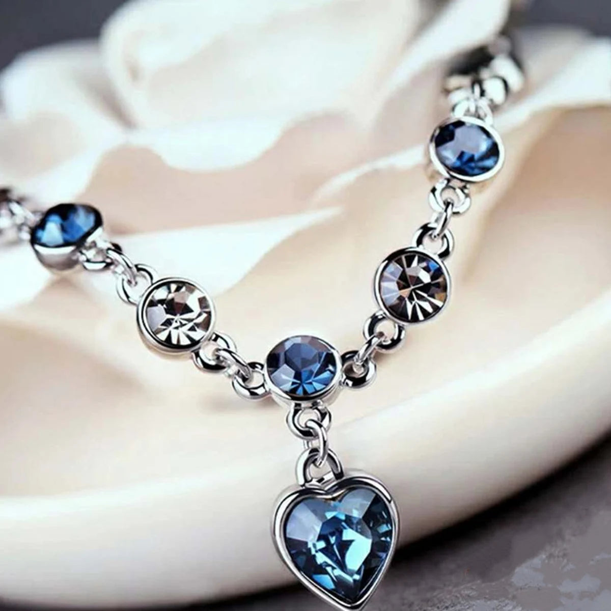Bridal Bracelet: Silver Heart Charm with Royal Blue Crystal